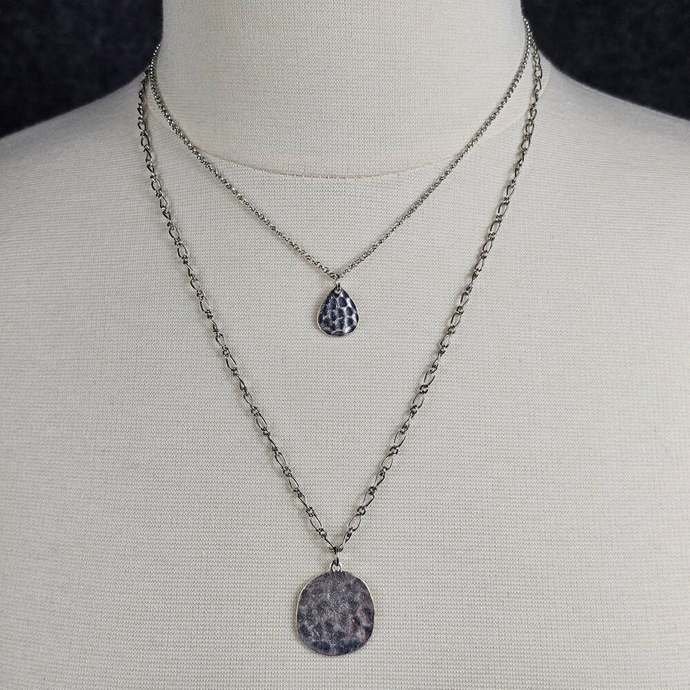 Layered Necklace Hammered Silver Tone Teardrop Oval Pendants Adjustable 17"-19"